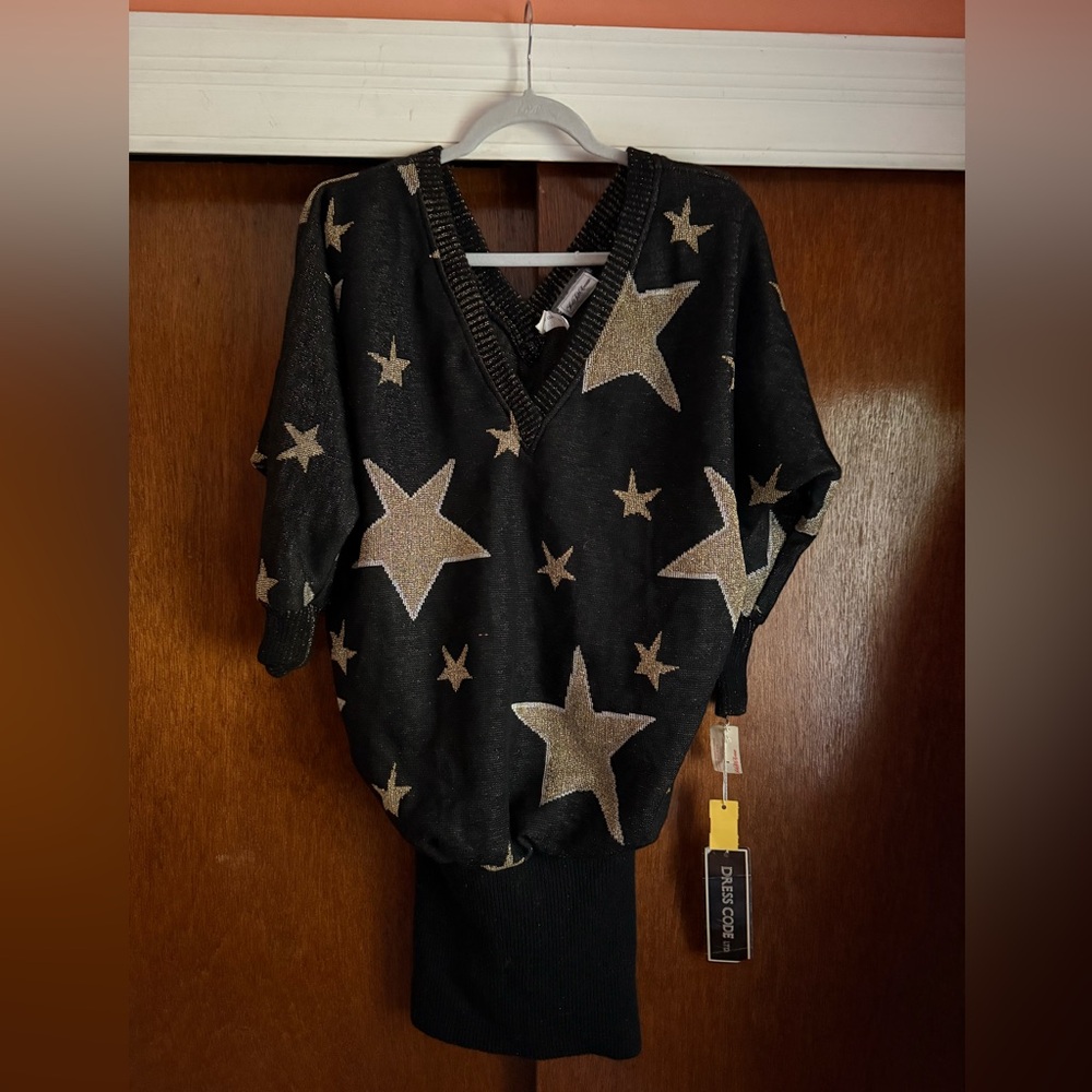 Vintage Black Gold Star Print V-Neck Sweater Top